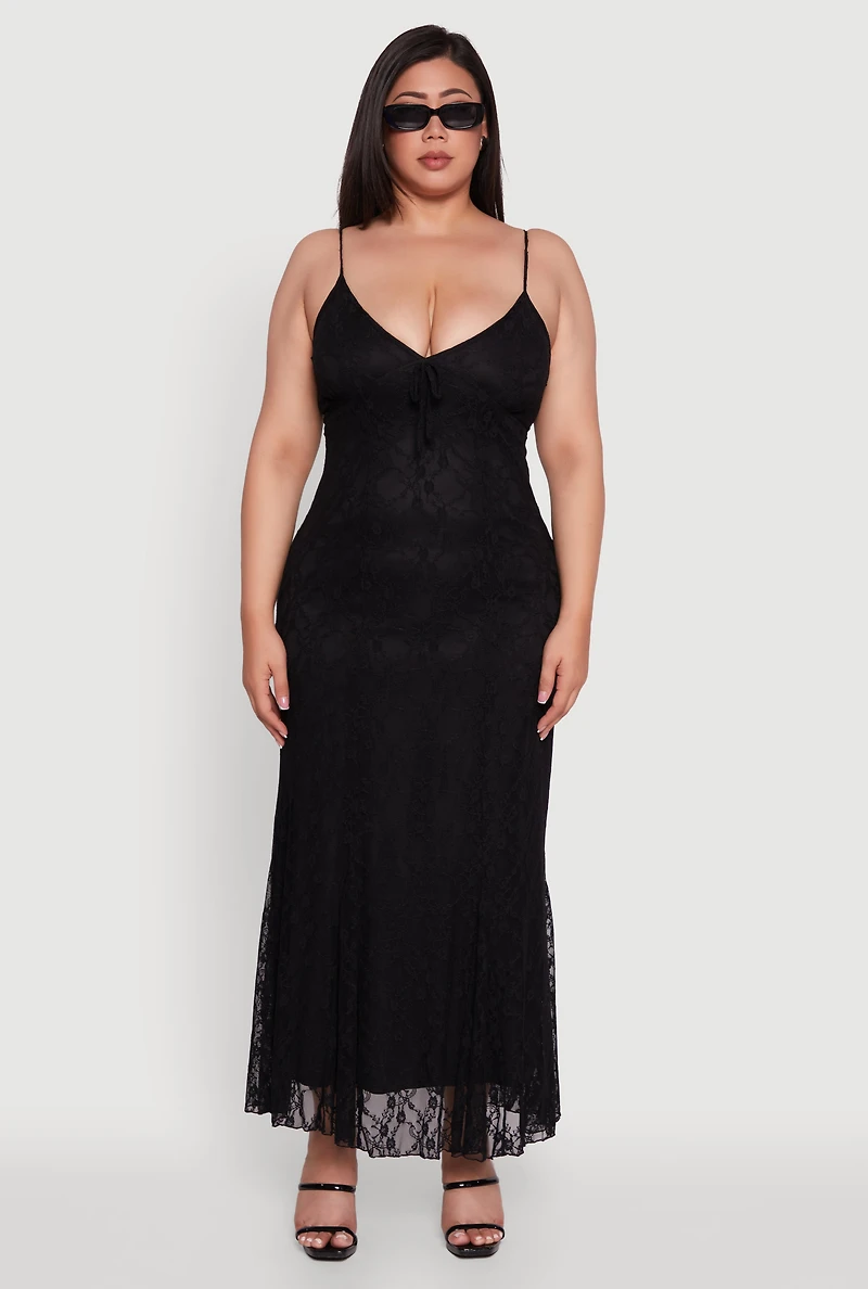 Womens Plus Size Sleeveless Lace Overlay Maxi Dress, Black, Size 2X