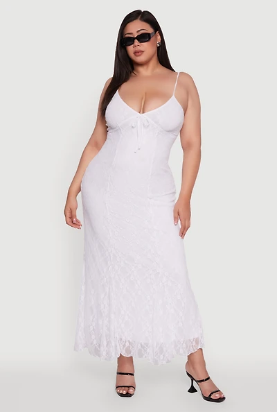 Womens Plus Size Sleeveless Lace Overlay Maxi Dress, White, Size 2X
