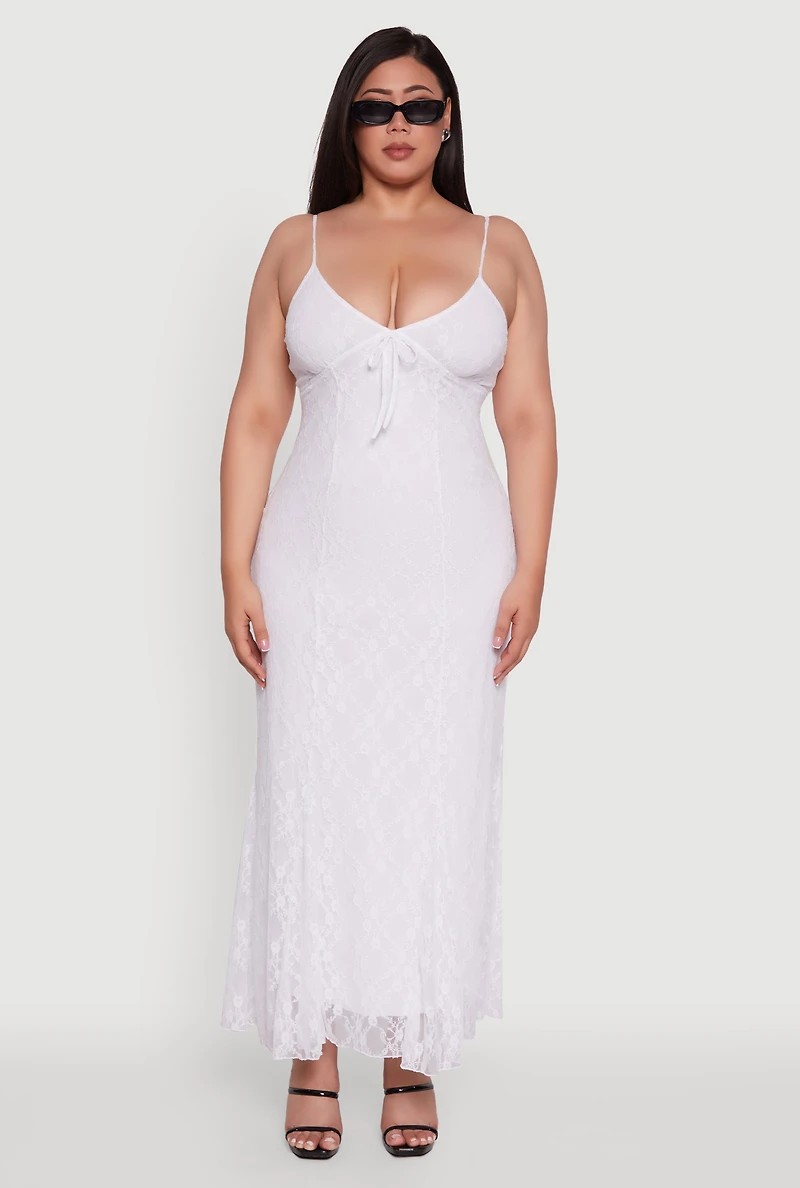 Womens Plus Size Sleeveless Lace Overlay Maxi Dress, White, Size 2X