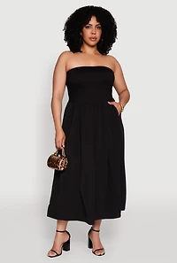 Womens Plus Strapless Side Pocket Midi Dress,