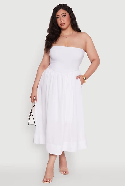 Womens Plus Size Strapless Side Pocket Midi Dress, White, Size 3X