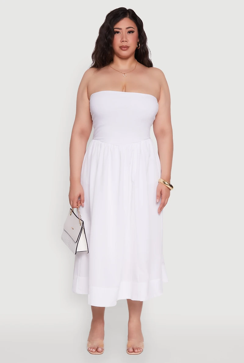 Womens Plus Size Strapless Side Pocket Midi Dress, White, Size 3X