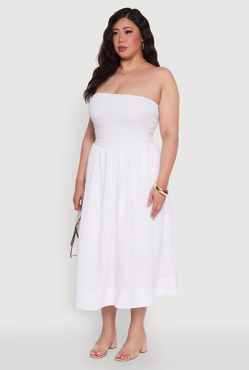 Womens Plus Size Strapless Side Pocket Midi Dress, White, Size 3X