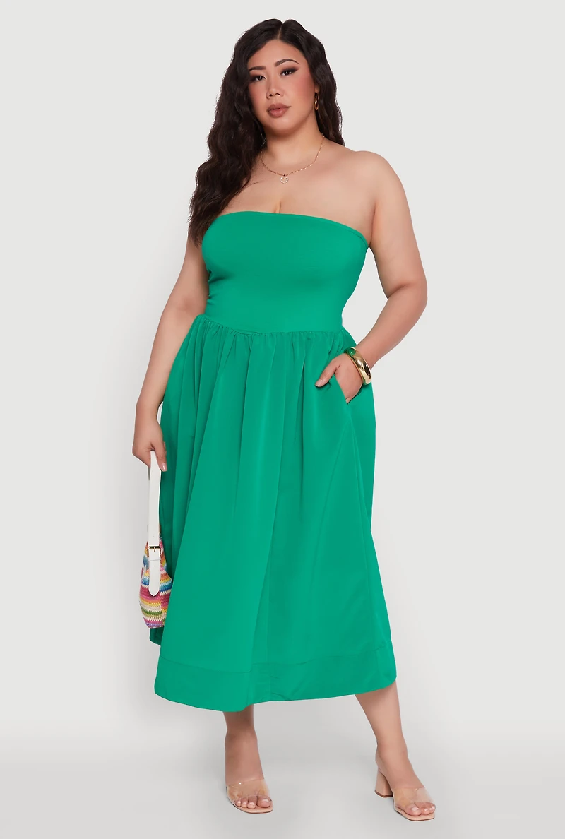 Womens Plus Size Strapless Side Pocket Midi Dress, Green, Size 3X