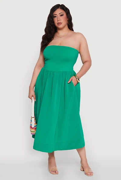 Womens Plus Size Strapless Side Pocket Midi Dress, Green, Size 3X