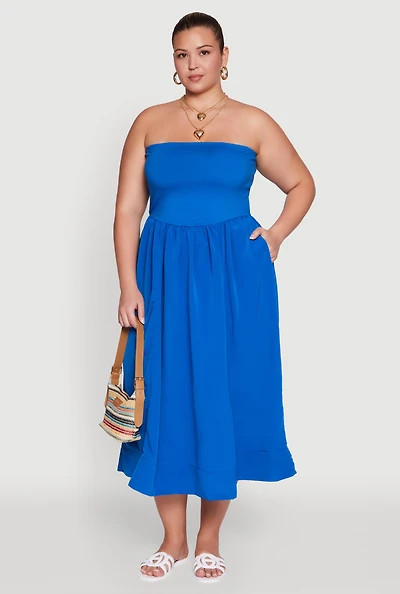 Womens Plus Strapless Side Pocket Midi Dress,
