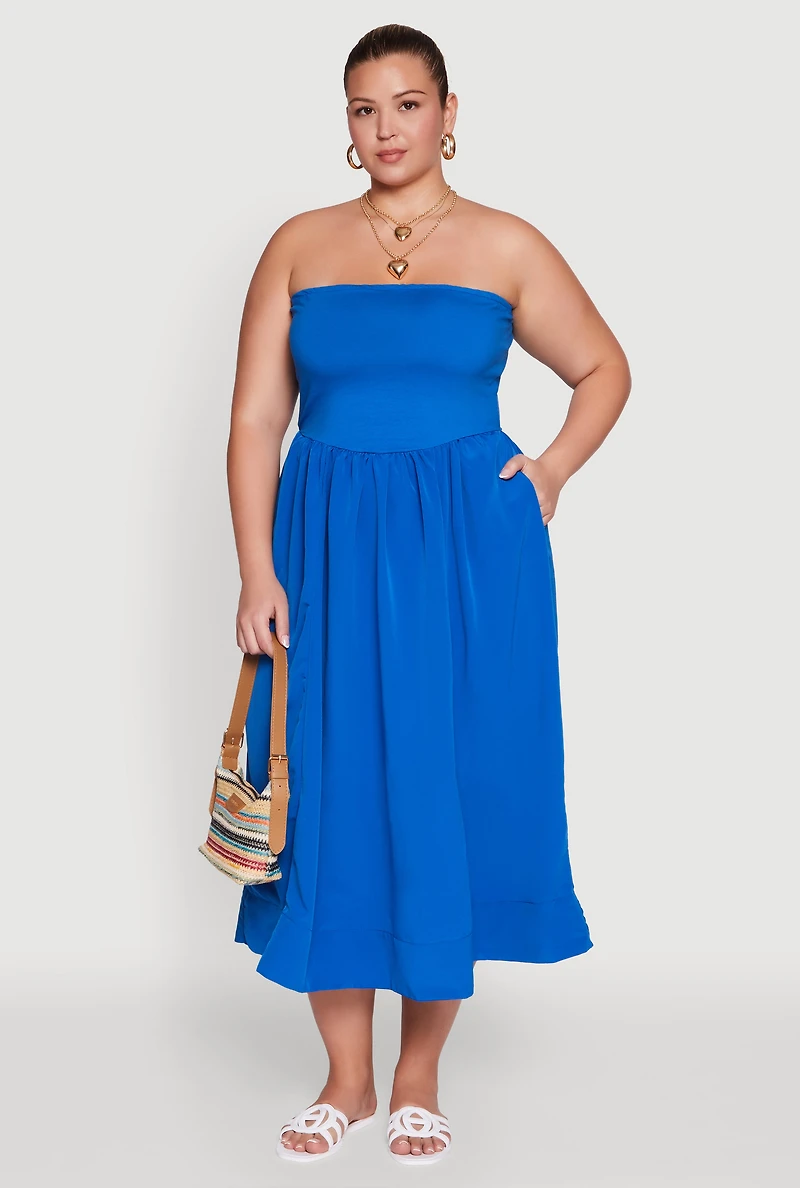 Womens Plus Size Strapless Side Pocket Midi Dress, Blue, Size 2X