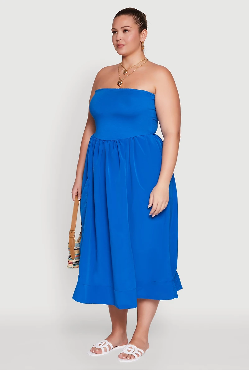 Womens Plus Size Strapless Side Pocket Midi Dress, Blue, Size 2X