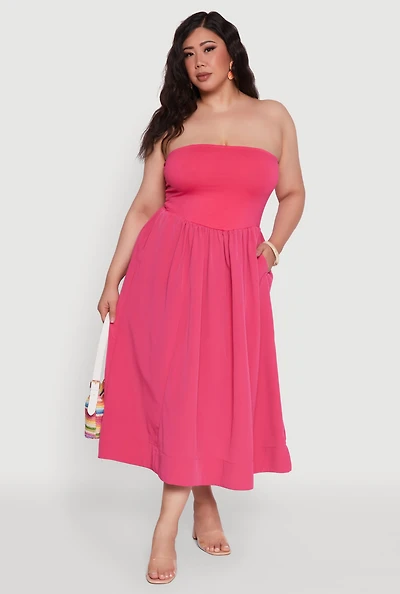 Womens Plus Size Strapless Side Pocket Midi Dress, Pink, Size 3X