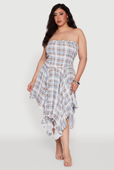Womens Plus Size Plaid Smocked Handkerchief Hem Tube Dress, Multi, Size 2X
