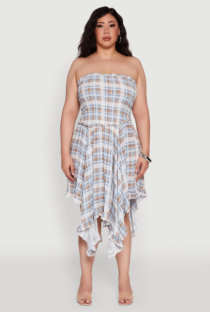 Womens Plus Size Plaid Smocked Handkerchief Hem Tube Dress, Multi, Size 3X