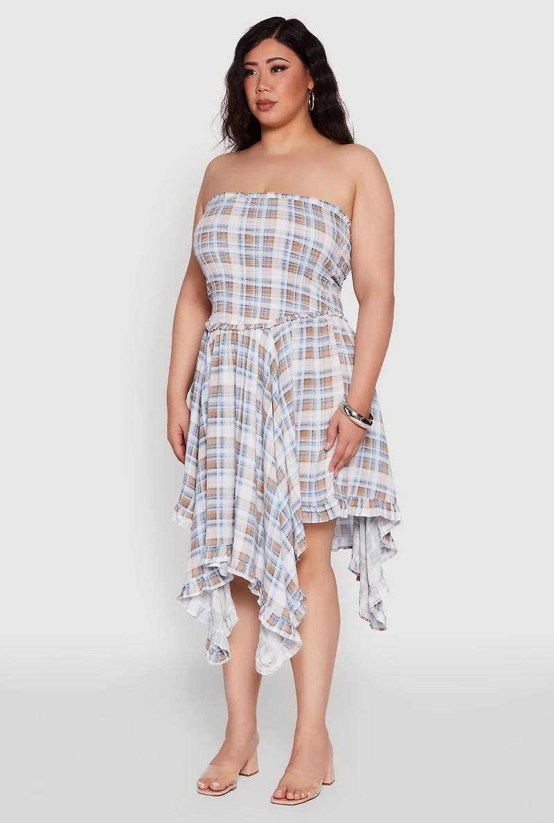 Womens Plus Size Plaid Smocked Handkerchief Hem Tube Dress, Multi, Size 3X