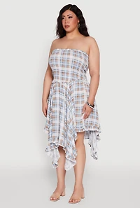 Womens Plus Size Plaid Smocked Handkerchief Hem Tube Dress, Multi, Size 3X