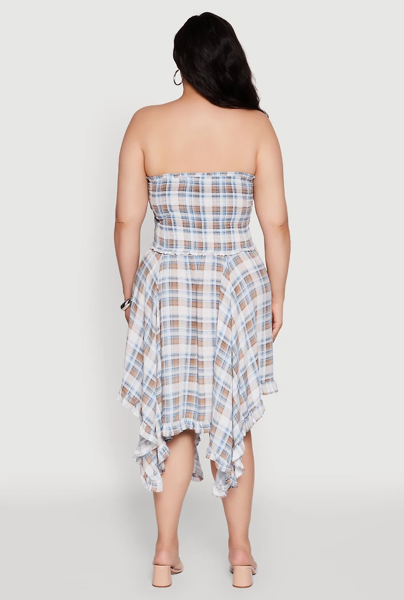 Womens Plus Size Plaid Smocked Handkerchief Hem Tube Dress, Multi, Size 3X