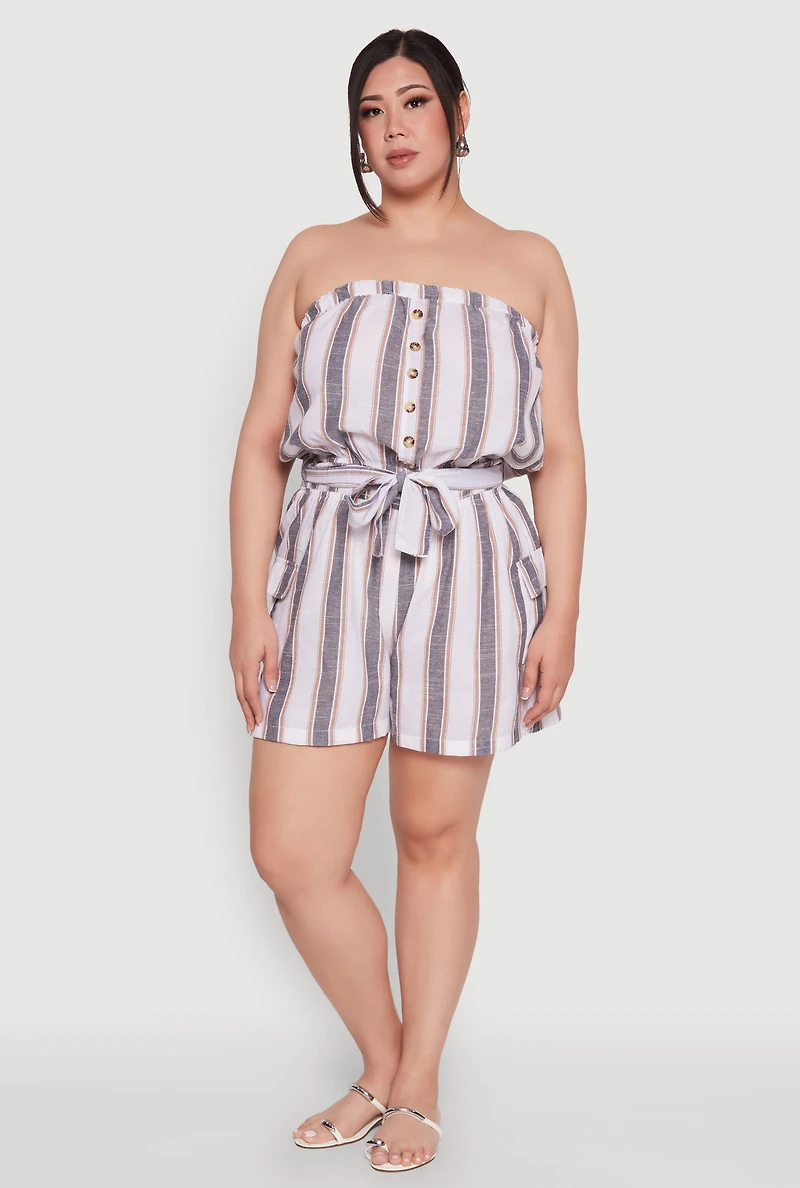 Plus Striped Tie Waist Belted Cargo Romper