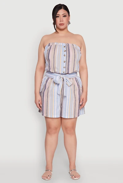 Womens Plus Striped Tie Waist Belted Cargo Romper, Multi,