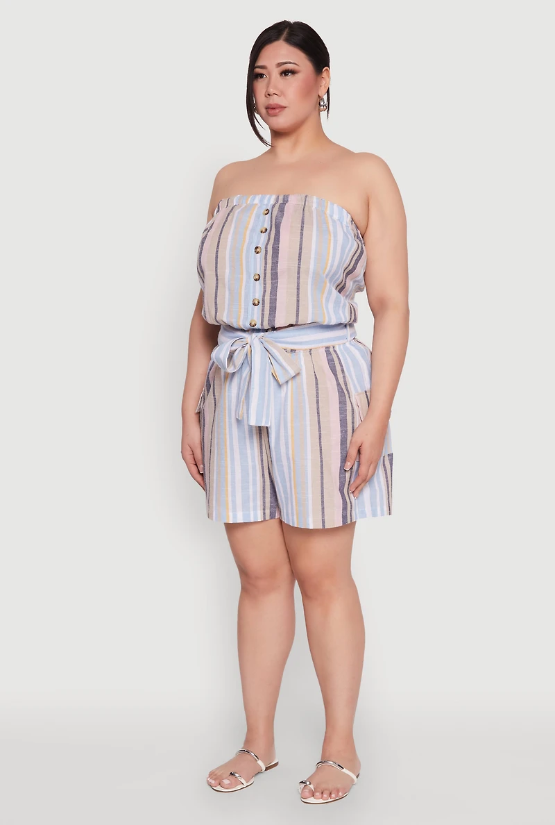 Womens Plus Striped Tie Waist Belted Cargo Romper, Multi,