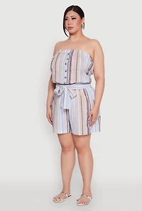 Womens Plus Striped Tie Waist Belted Cargo Romper, Multi,