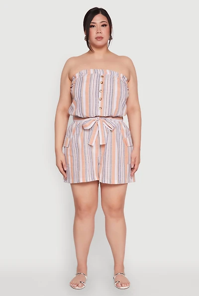 Womens Plus Size Striped Tie Waist Belted Cargo Romper, Multi, Size 3X