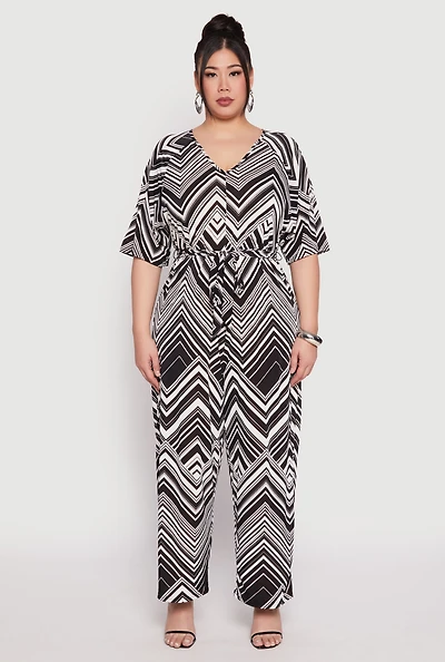 Plus Chevron Pattern V Neck Jumpsuit