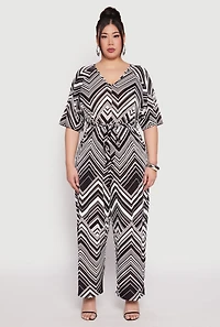 Plus Chevron Pattern V Neck Jumpsuit