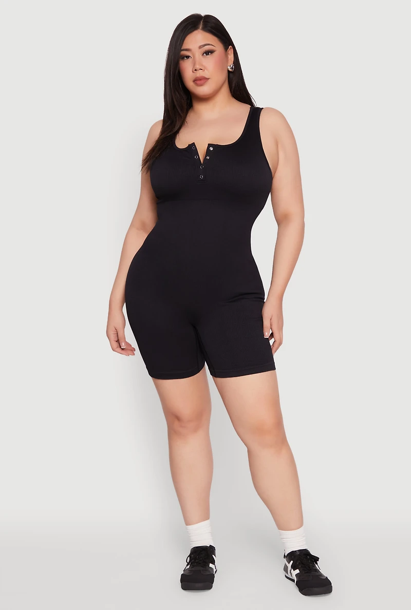 Plus Seamless Ribbed Sleeveless Biker Romper