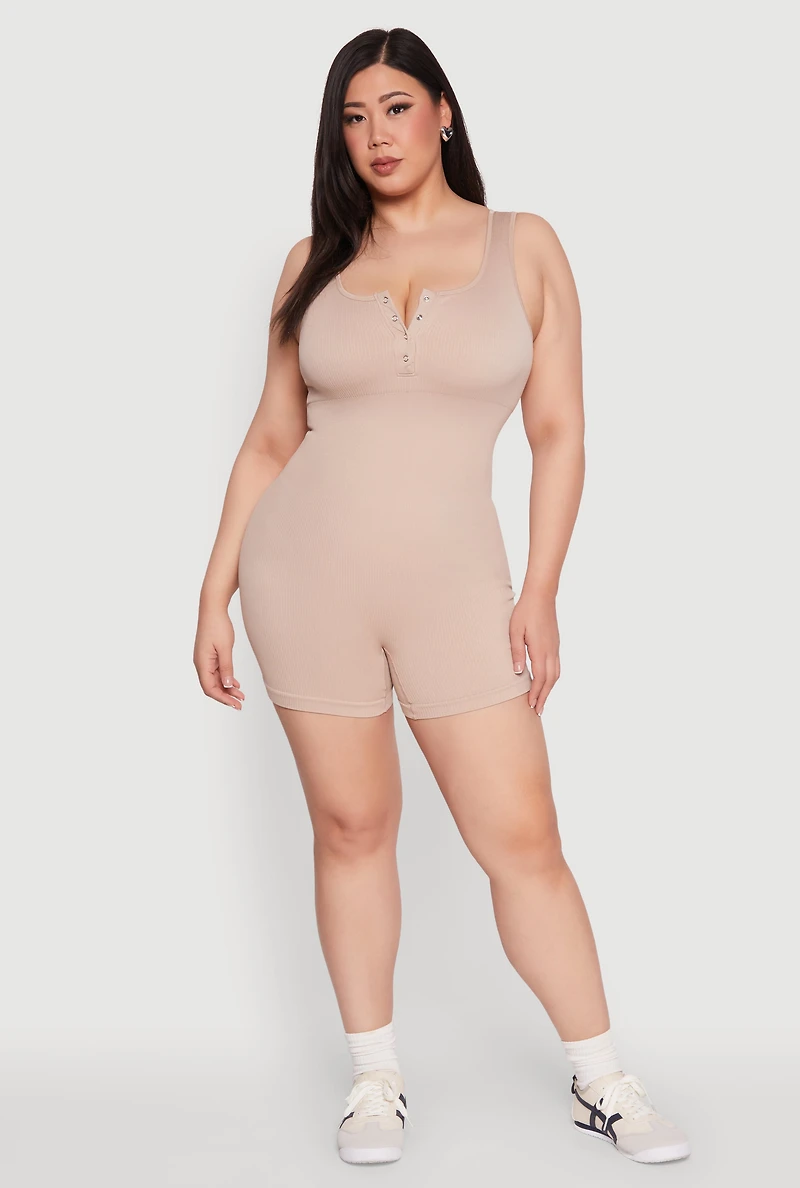 Womens Plus Seamless Ribbed Sleeveless Biker Romper,