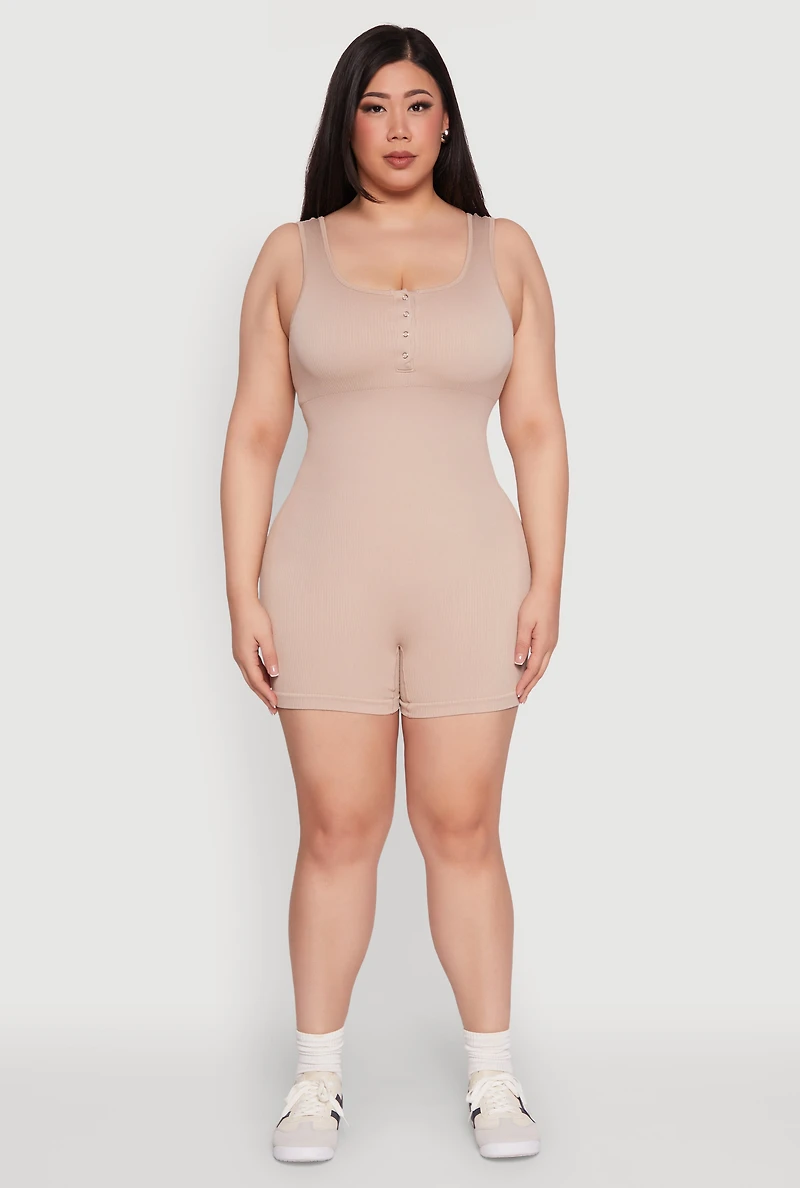 Womens Plus Size Seamless Ribbed Sleeveless Biker Romper, Beige, Size 2X-3X