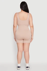 Womens Plus Size Seamless Ribbed Sleeveless Biker Romper, Beige, Size 2X-3X
