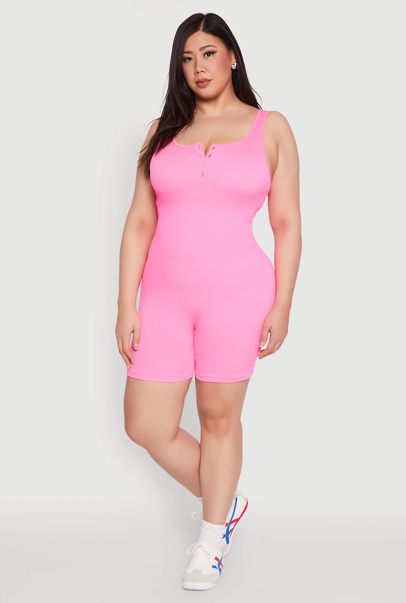 Plus Seamless Ribbed Sleeveless Biker Romper