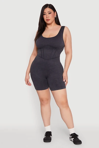 Womens Plus Size Seamless Ribbed Corset Detail Biker Romper, Black, Size 2X-3X