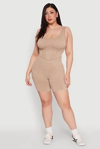 Womens Plus Size Seamless Ribbed Corset Detail Biker Romper, Beige, Size 1X-2X