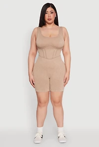 Womens Plus Seamless Ribbed Corset Detail Biker Romper,