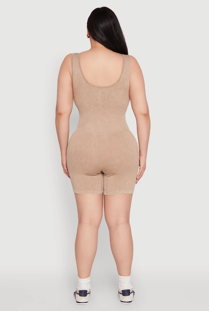 Womens Plus Size Seamless Ribbed Corset Detail Biker Romper, Beige, Size 1X-2X