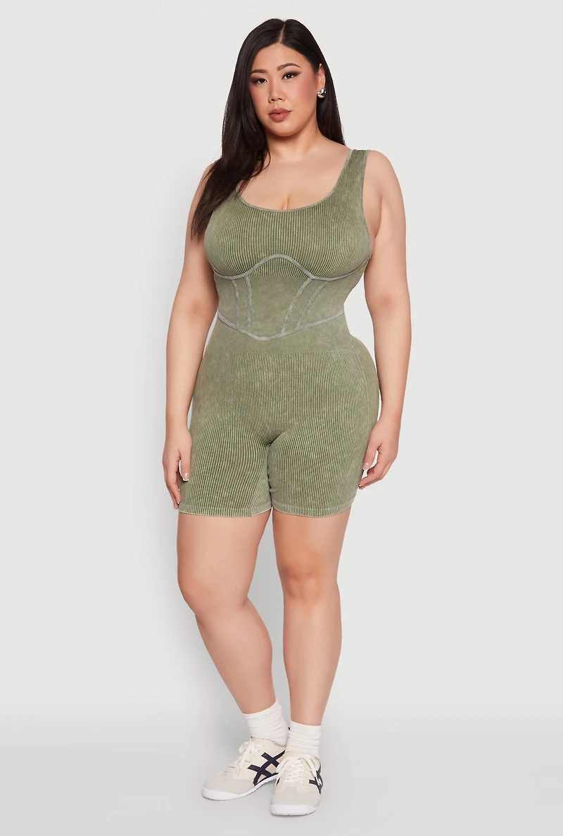 Womens Plus Seamless Ribbed Corset Detail Biker Romper, 2X-3X