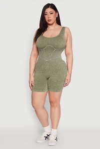 Womens Plus Seamless Ribbed Corset Detail Biker Romper, 2X-3X