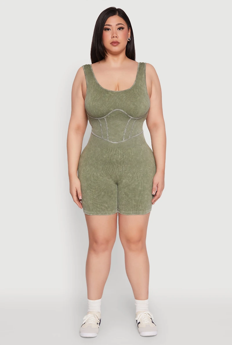 Womens Plus Seamless Ribbed Corset Detail Biker Romper, 2X-3X