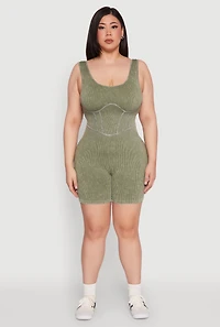 Womens Plus Seamless Ribbed Corset Detail Biker Romper, 2X-3X