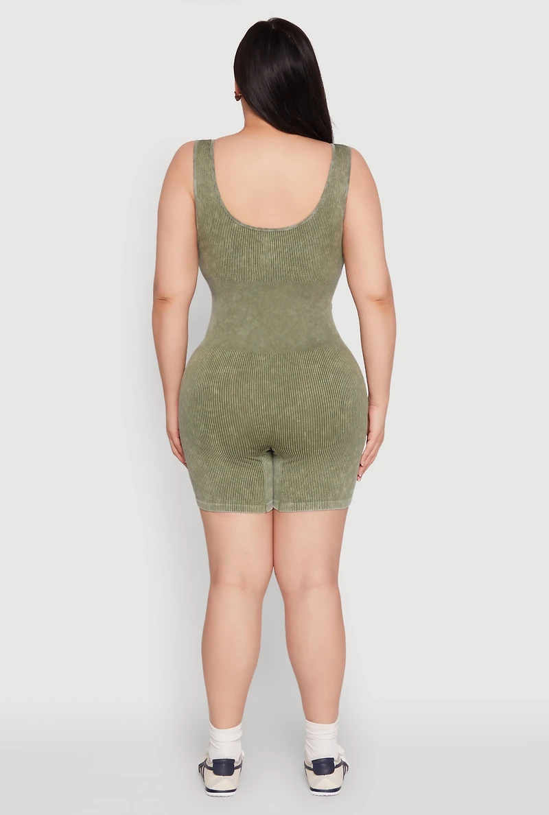 Womens Plus Seamless Ribbed Corset Detail Biker Romper, 2X-3X