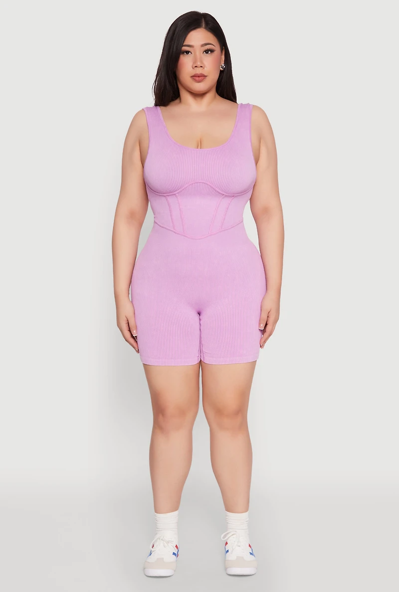 Womens Plus Size Seamless Ribbed Corset Detail Biker Romper, Pink, Size 2X-3X