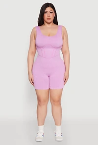 Womens Plus Size Seamless Ribbed Corset Detail Biker Romper, Pink, Size 2X-3X