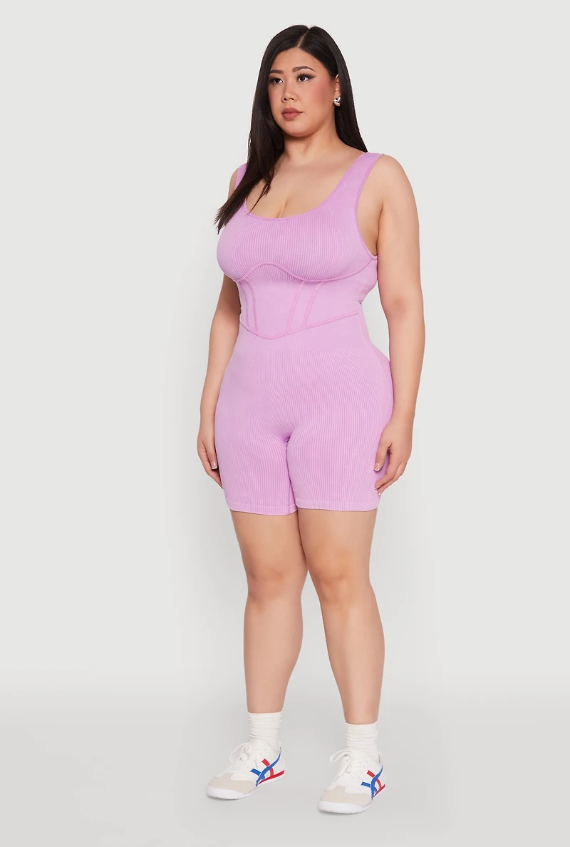 Womens Plus Size Seamless Ribbed Corset Detail Biker Romper, Pink, Size 2X-3X