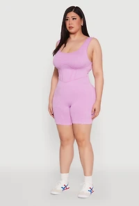 Womens Plus Size Seamless Ribbed Corset Detail Biker Romper, Pink, Size 2X-3X