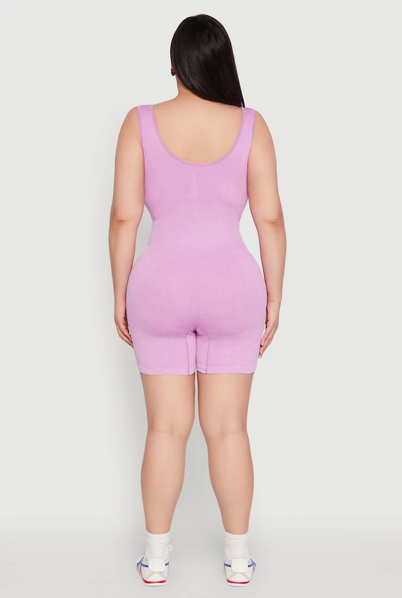 Womens Plus Size Seamless Ribbed Corset Detail Biker Romper, Pink, Size 2X-3X
