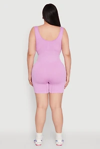 Womens Plus Size Seamless Ribbed Corset Detail Biker Romper, Pink, Size 2X-3X