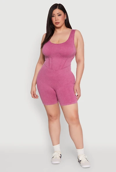 Womens Plus Size Seamless Ribbed Corset Detail Biker Romper, Purple, Size 2X-3X