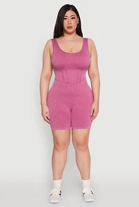 Womens Plus Size Seamless Ribbed Corset Detail Biker Romper, Purple, Size 2X-3X