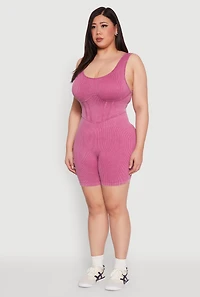 Womens Plus Size Seamless Ribbed Corset Detail Biker Romper, Purple, Size 2X-3X