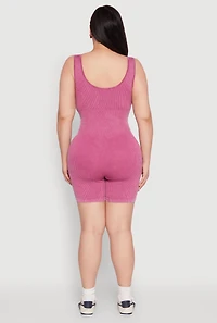 Womens Plus Size Seamless Ribbed Corset Detail Biker Romper, Purple, Size 2X-3X