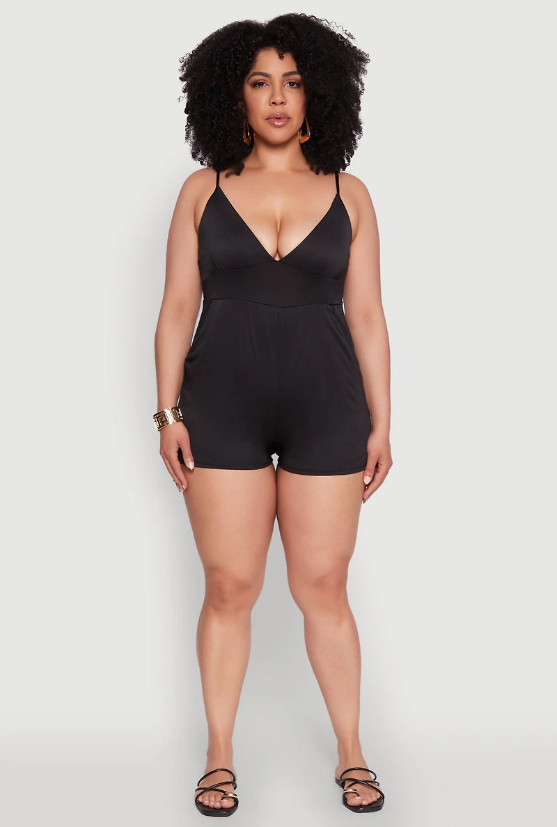 Womens Plus Textured Knit Tie Back Plunge Neck Romper,